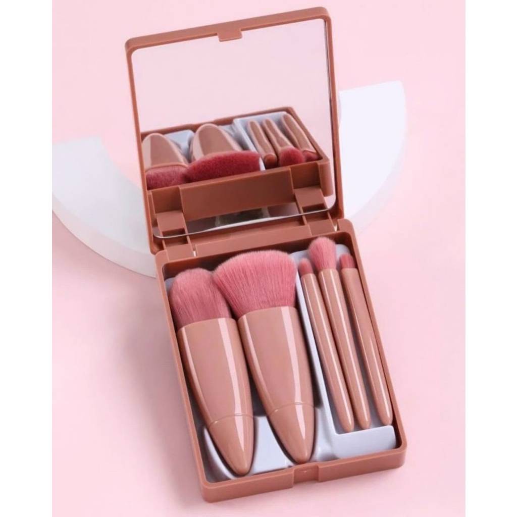 Kit 5 Mini Pincéis de Maquiagem com Estojo e Espelho | Portátil para Bolsa