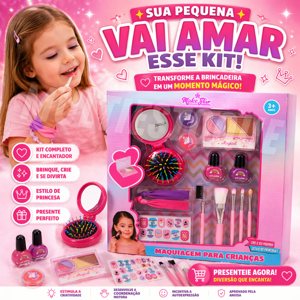 Kit Maquiagem Infantil Completo com Espelho Pincéis e Acessórios Rosa