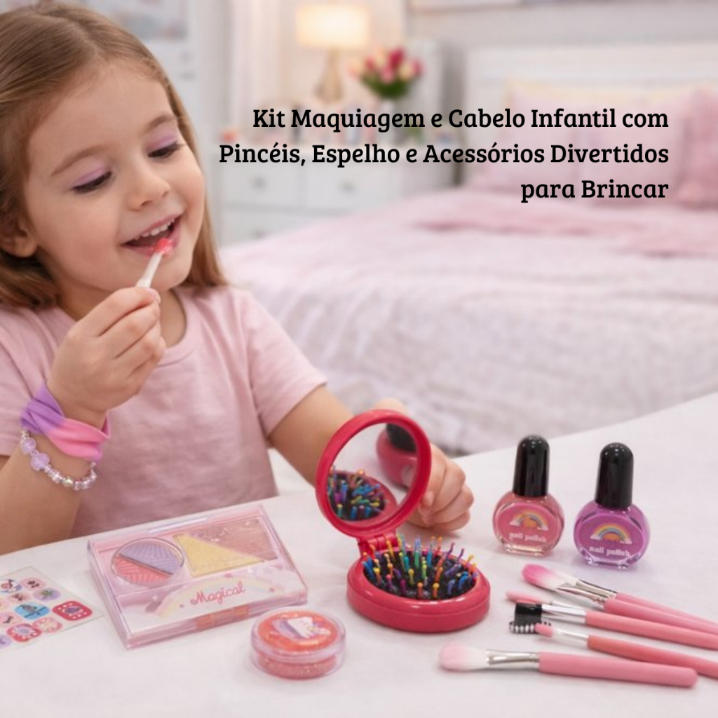 Kit Maquiagem e Cabelo Infantil com Pincéis, Espelho e Acessórios Divertidos para Brincar