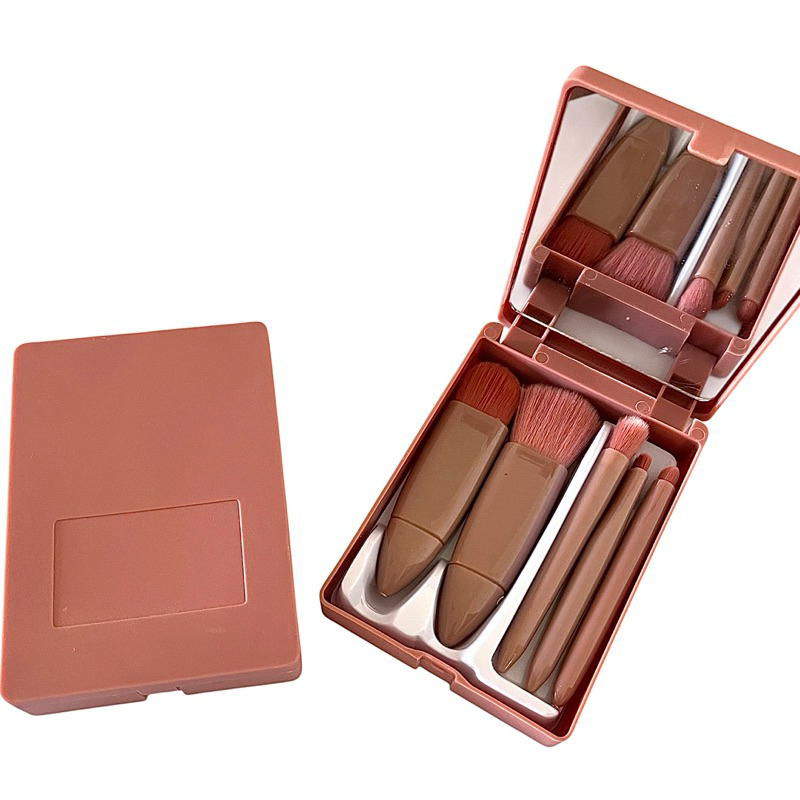 kit 5 pincéis de maquiagem com estojo e espelho - portátil bolsa viagem