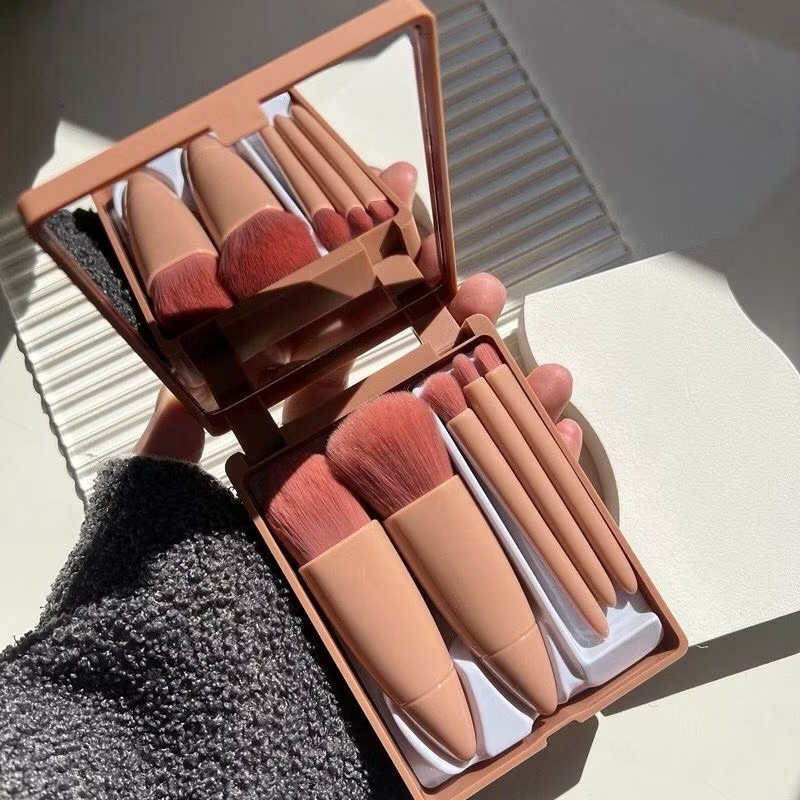 Kit de Pincéis para Maquiagem com Espelho 5 Peças Portátil