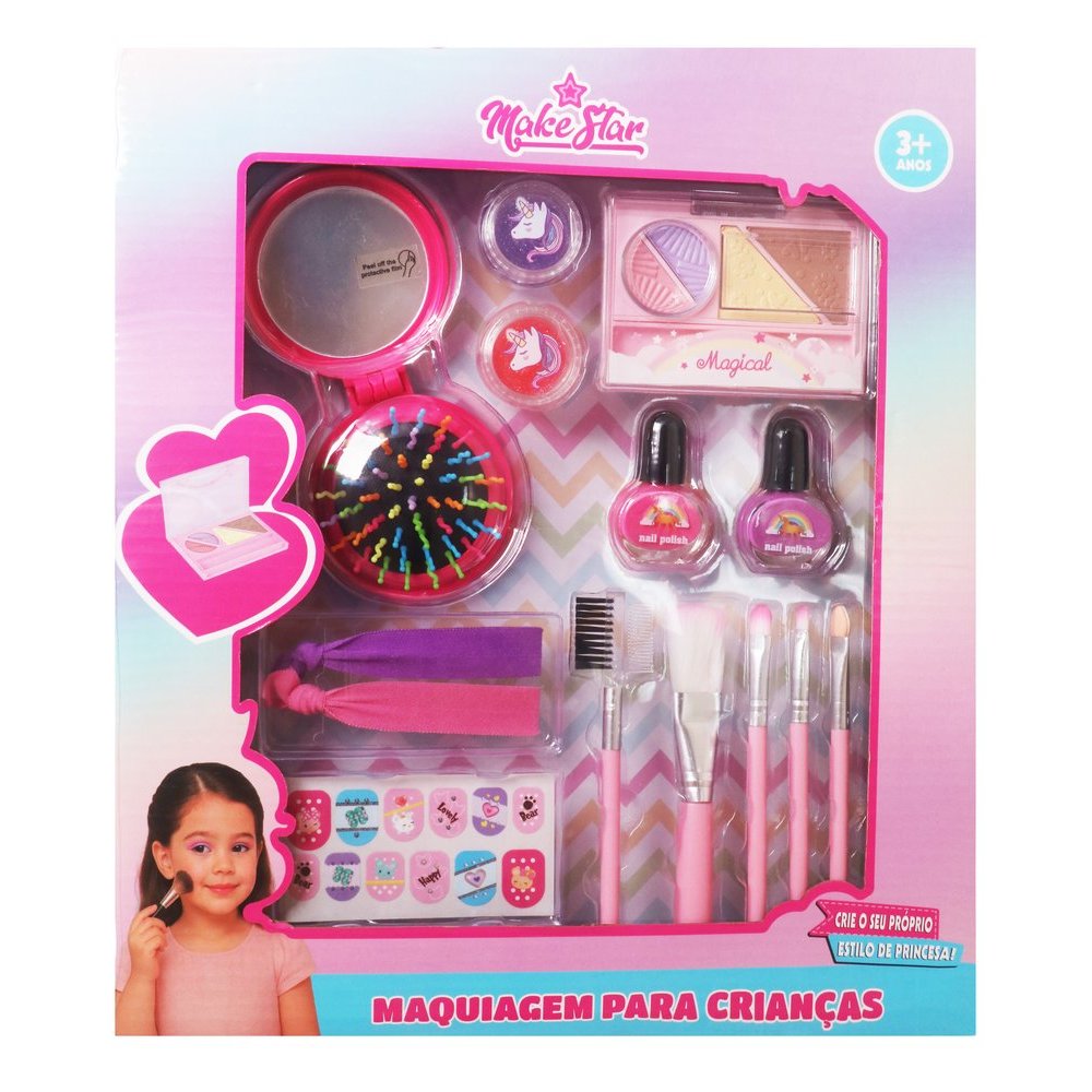Kit Maquiagem Infantil Com Pincéis Espelho e Acessórios brinquedo salão de beleza