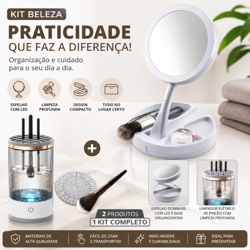 Kit Beleza Profissional: Espelho Camarim LED + Lavador de Pincéis Automático
