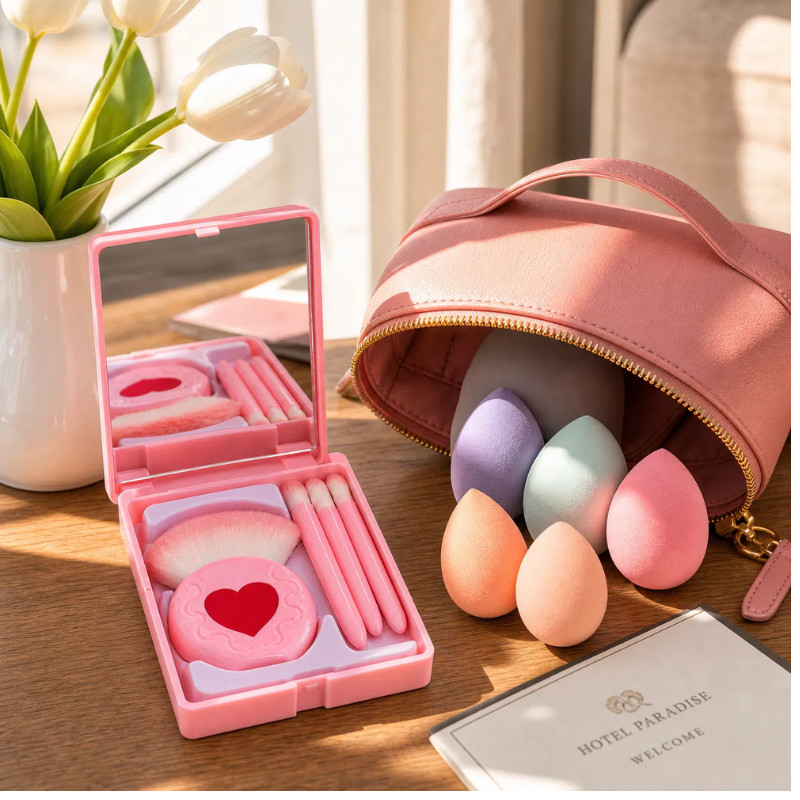 Kit Maquiagem Profissional 5 Esponjas Soft + Estojo Organizador Com Espelho E Pincéis