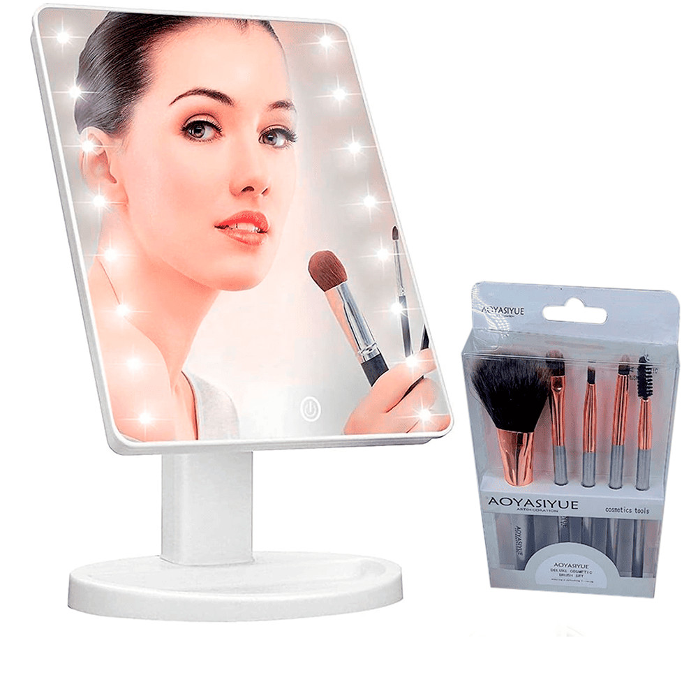 Kit Espelho Maquiagem LED Touch + Pincéis Profissionais 5 Peças