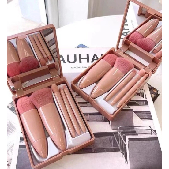Mini Espelho De Maquiagem Portátil Com 5 Pcs Pincéis De Maquiagem Lupa Mão Segurar Bolso Dobrável Maquiagem