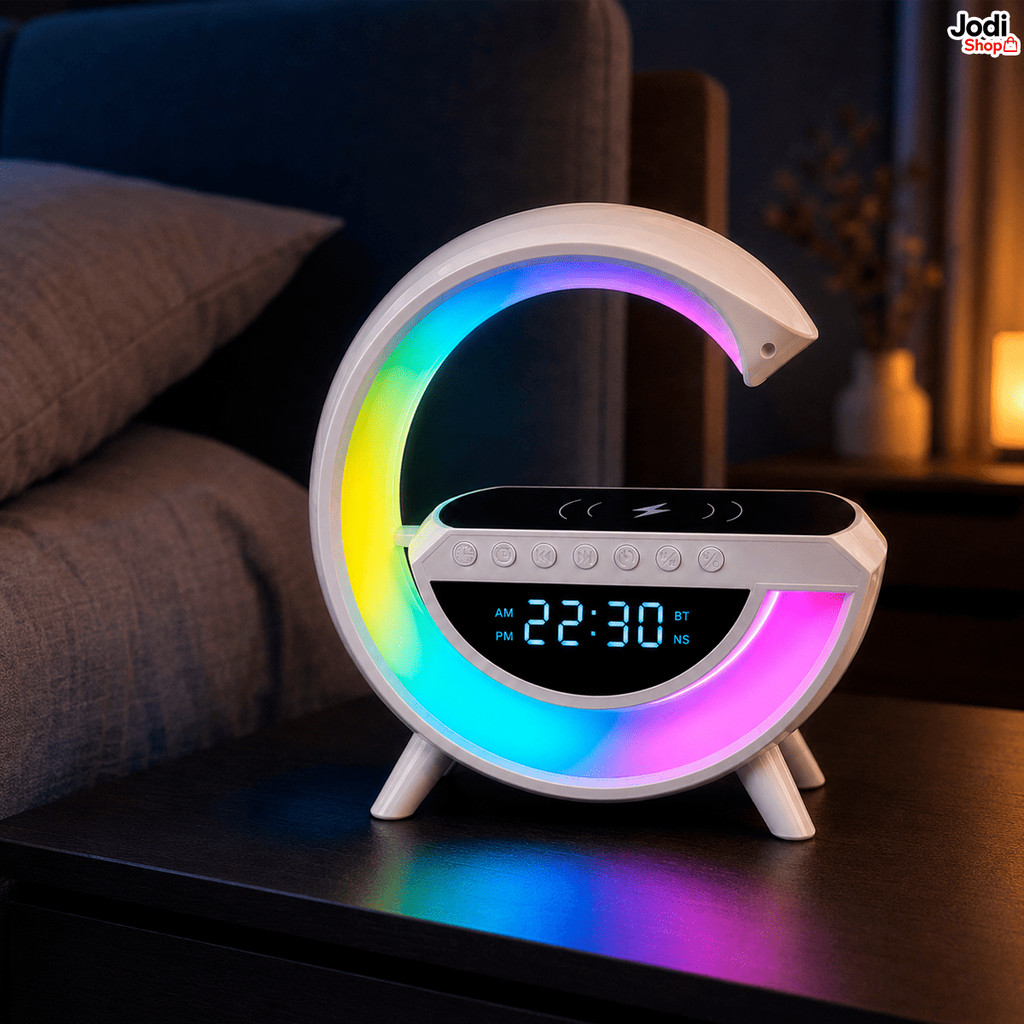 Luminária G LED RGB Caixa de Som Bluetooth com Relógio Despertador e Carregador Wireless