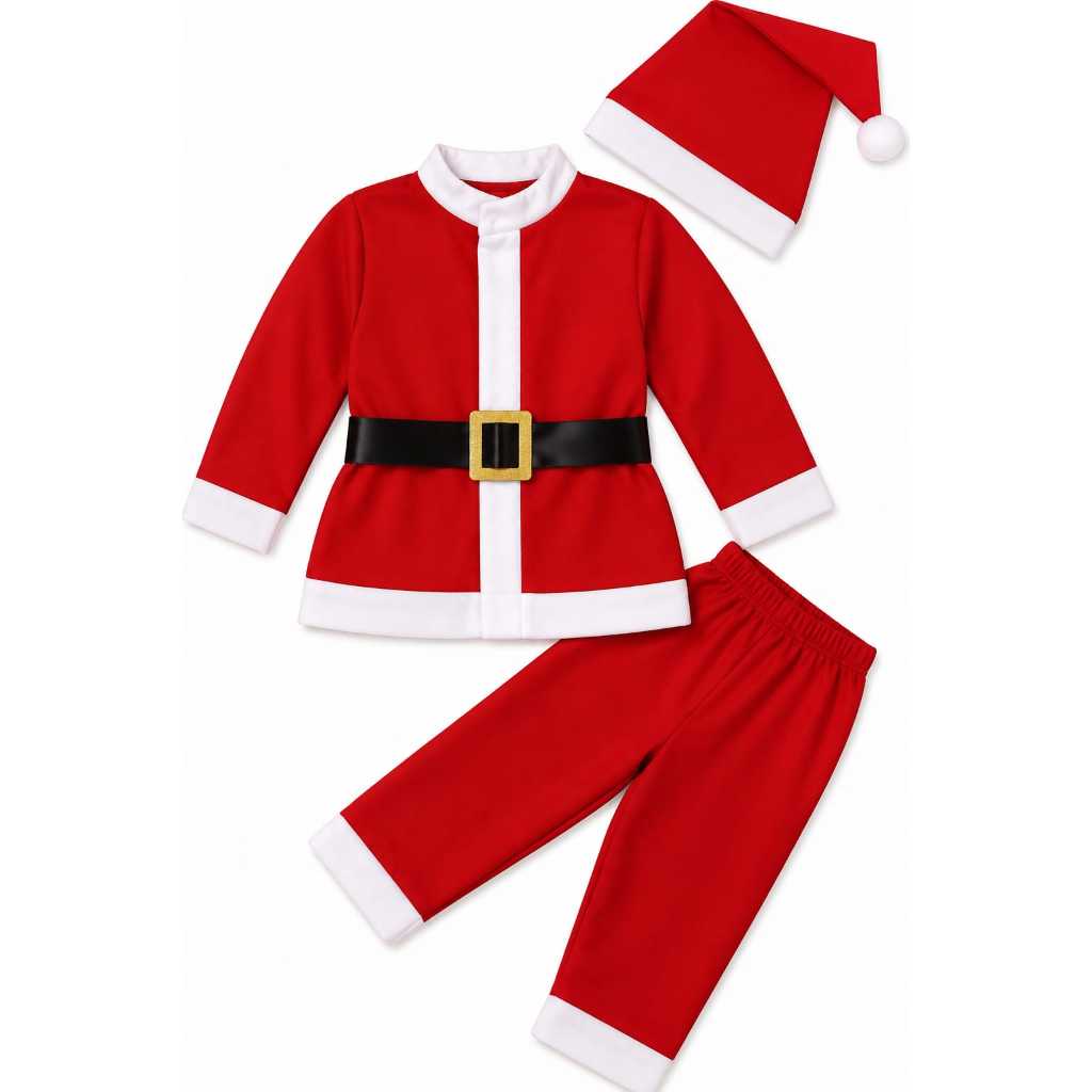 Conjunto Fantasia Papai Noel Infantil Natal  2 a 14 Anos Calça Blusa Gorro Vermelho Roupa Natalina Infantil em poliéster