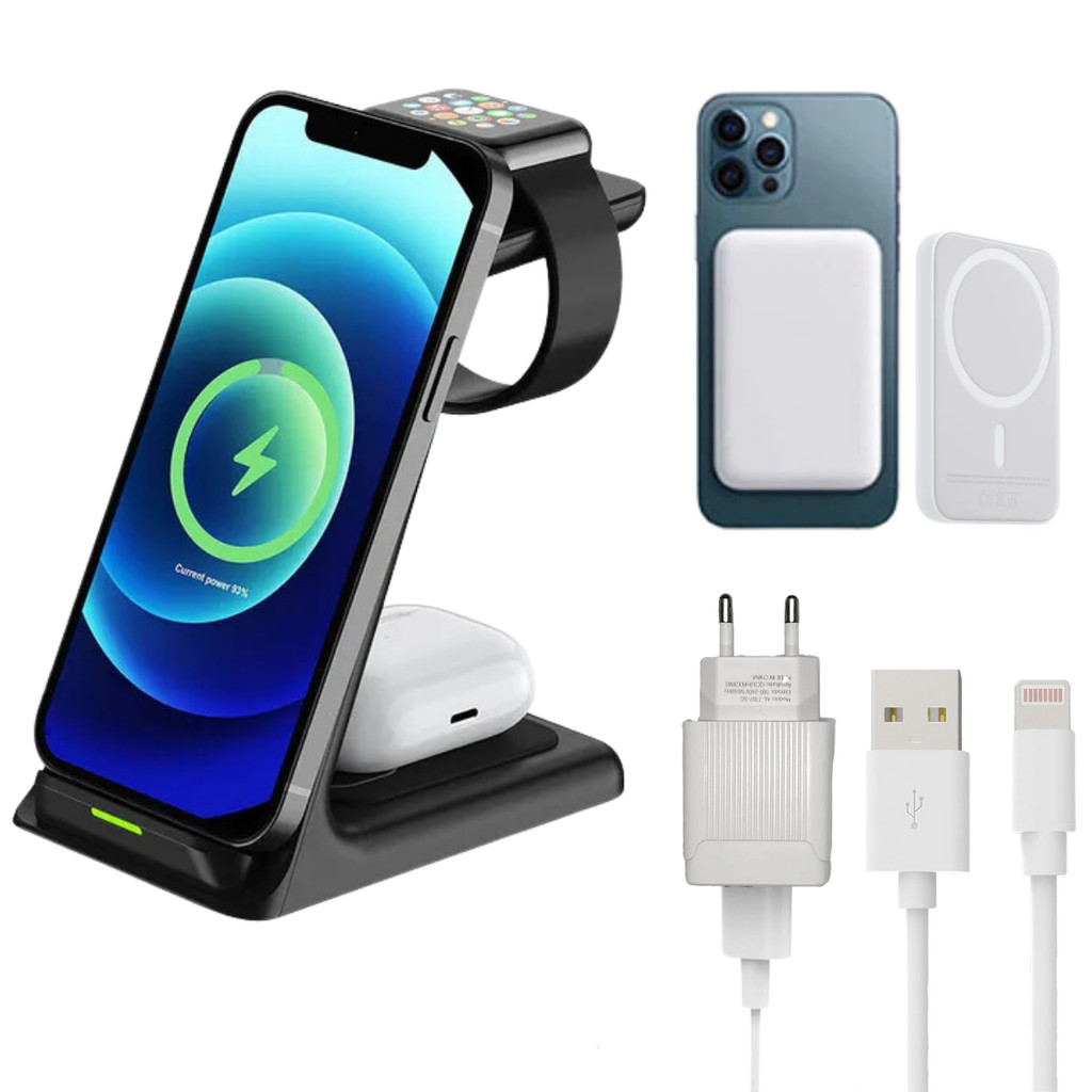 Carregador portatil Rápido 3 em 1 – Carregue Celular, Relógio e Fones Sem Fios com Estilo!