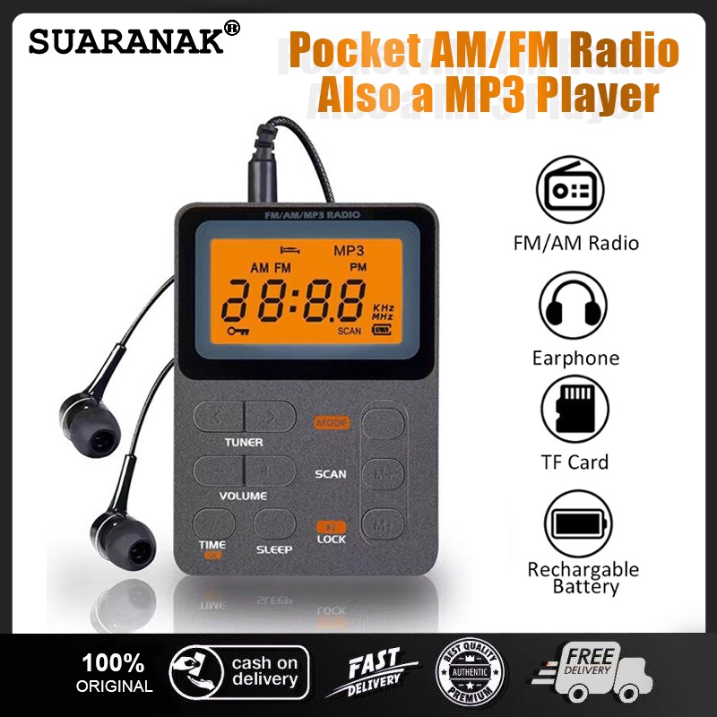 Rádio AM/FM Portátil LCD Receptor De Mini MP3 Player Com Fone De Ouvido Universal Walkman Suporte TF Card Play