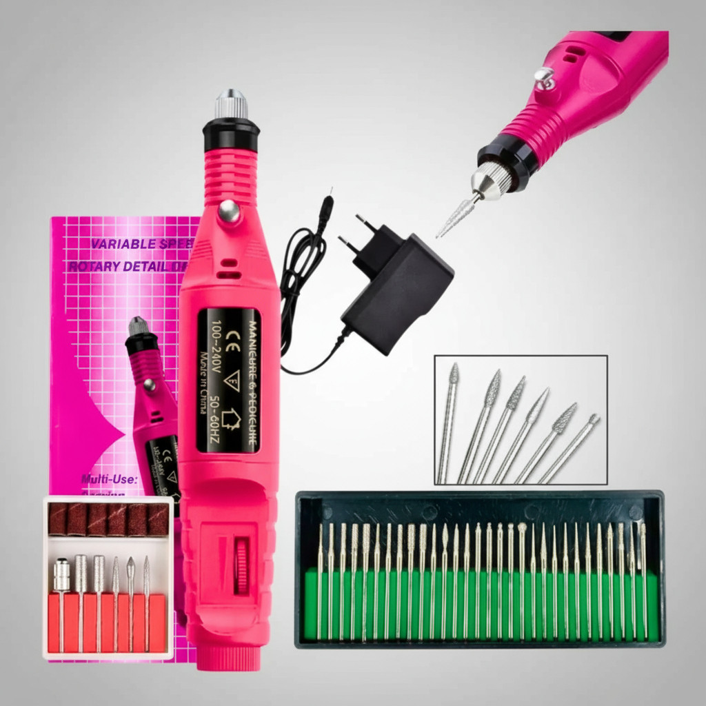 Lixadeira Elétrica Motor Unha 30 Brocas Diamantadas Nail Rosa
