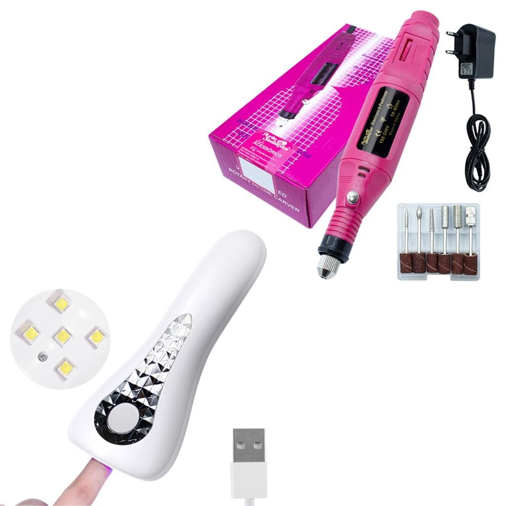 Kit Motor Lixadeira Lixa Elétrica Bivolt + Mini Cabine LED/UV Portátil 18W Unhas de Gel Manicure e Pedicure Arte Sedução