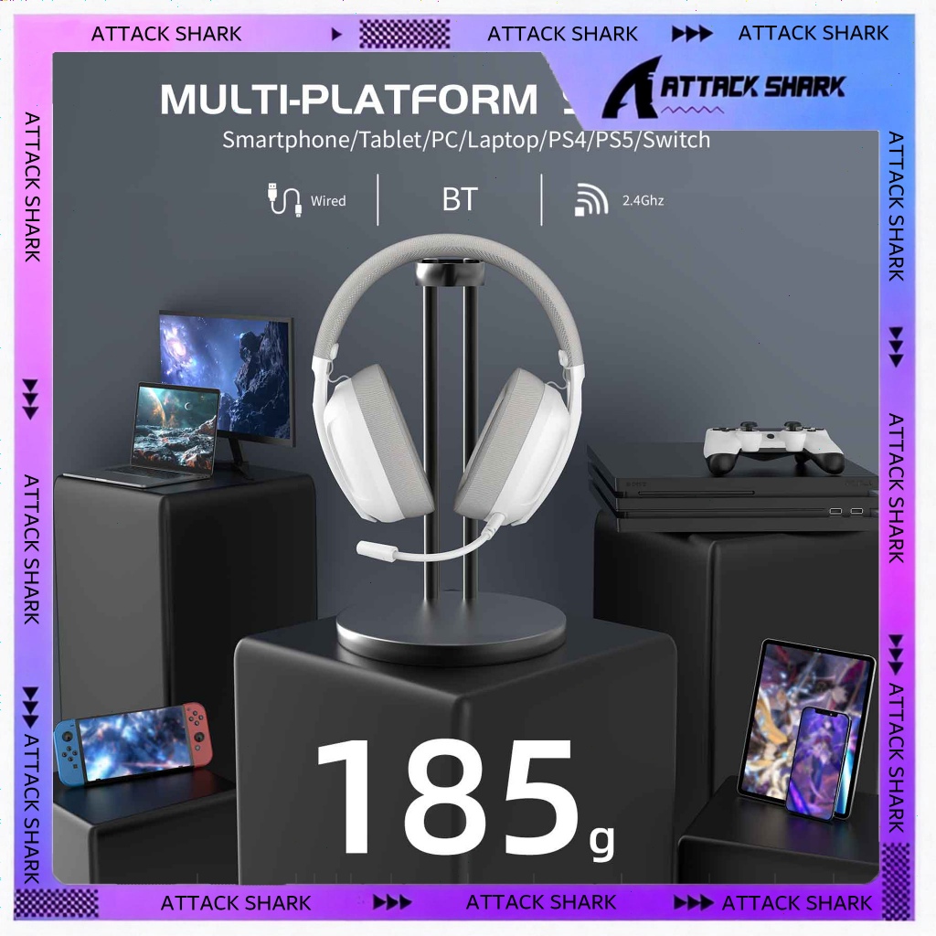 ATTACK SHARK L80 Wireless Gaming Headset,2.4Ghz USB,Bluetooth 5.2, 50H Battery, Noise Canceling Mic