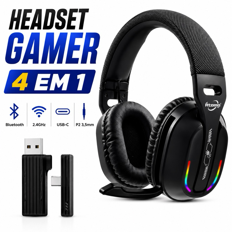 Headset Gamer Sem Fio 4 em 1 Átomo MO-M-8 Bluetooth 2.4GHz USB-C P2 RGB Baixa Latência