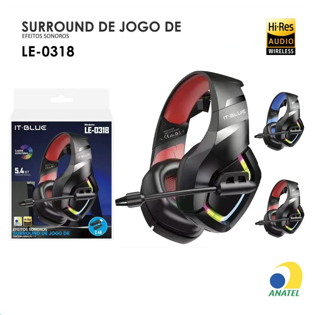 Fone Gamer Sem Fio 2.4Ghz Headset Bluetooth, XBOX, PS4, PS5, PC LED RGB, Microfone Profissional