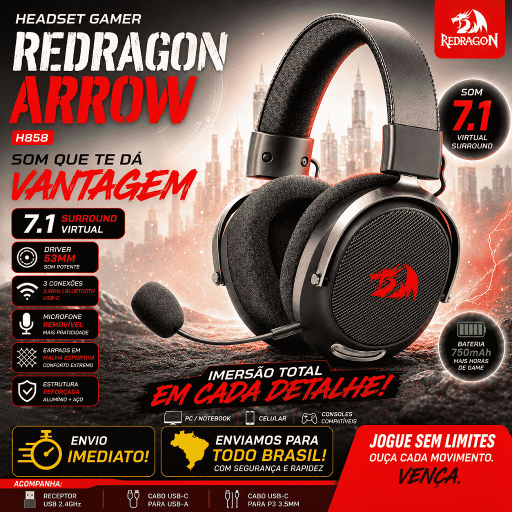 Headset Gamer Redragon Arrow H858 Wireless 7.1 USB-C Bluetooth 2.4GHz Driver 53mm Preto