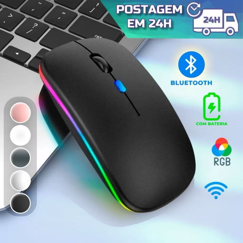 Mouse Sem Fio Wireless Recarregavel Led Rgb 2,4GHz Bluetooth Bateria Interna Ergonômico Silencioso