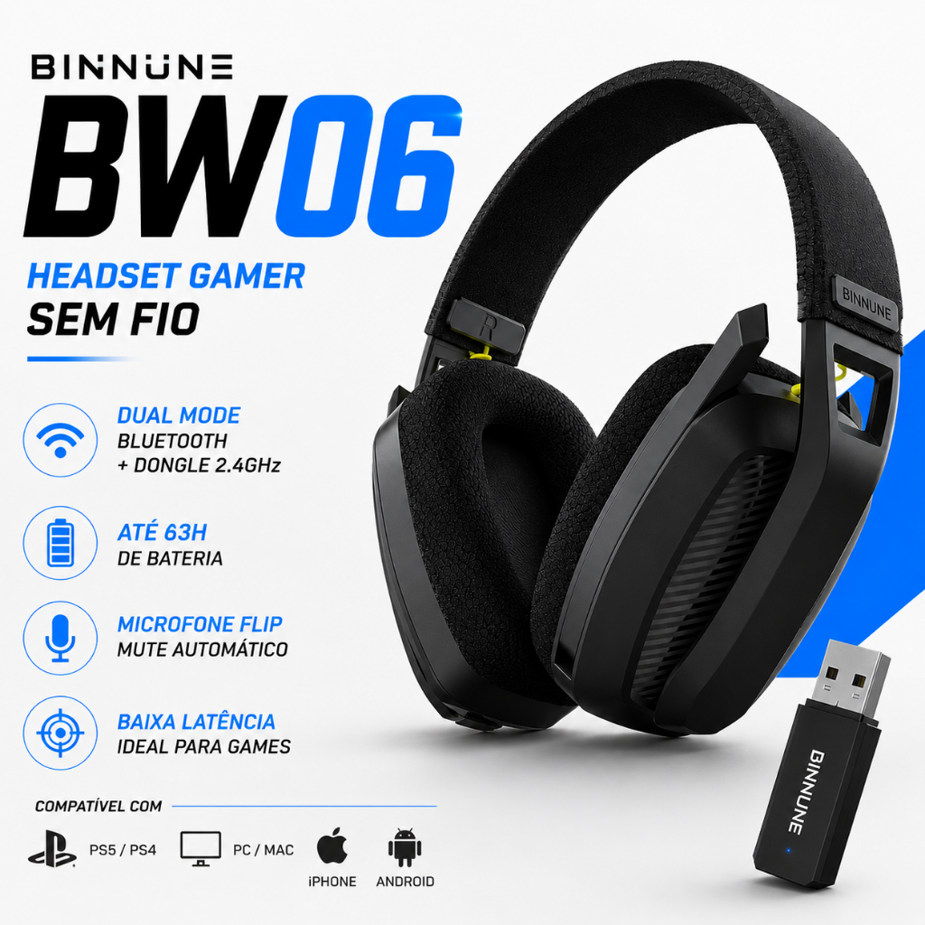 Fone Headset Gamer Binnune BW06 Sem Fio Bluetooth + Dongle 2.4GHz Microfone Flip PS5 PS4 PC IPhone/Android