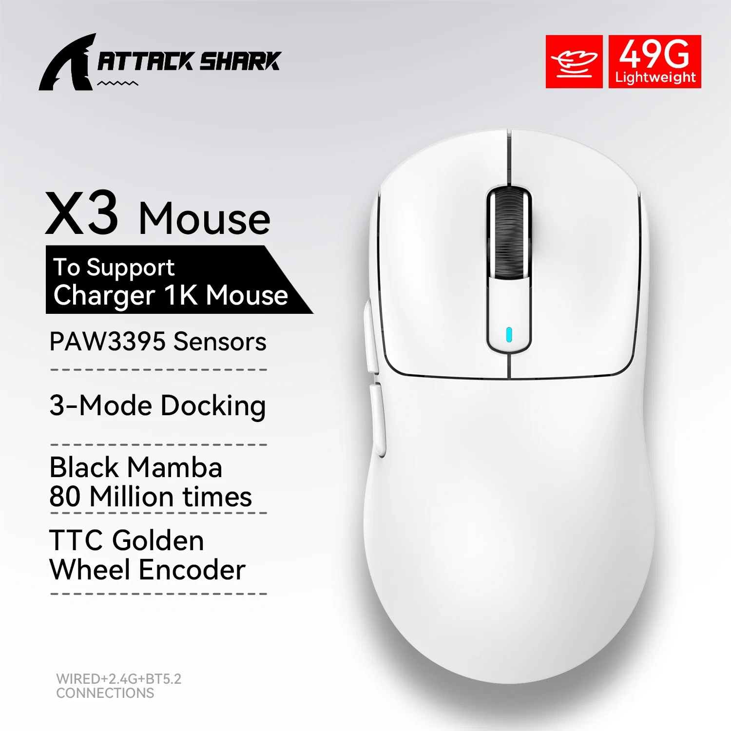 Mouse de Jogos Sem Fio Attack Shark X3 26K DPI PAW3395 Sensor Tri-Modo Taxa de Polling Ultra-Leve Botões Programáveis