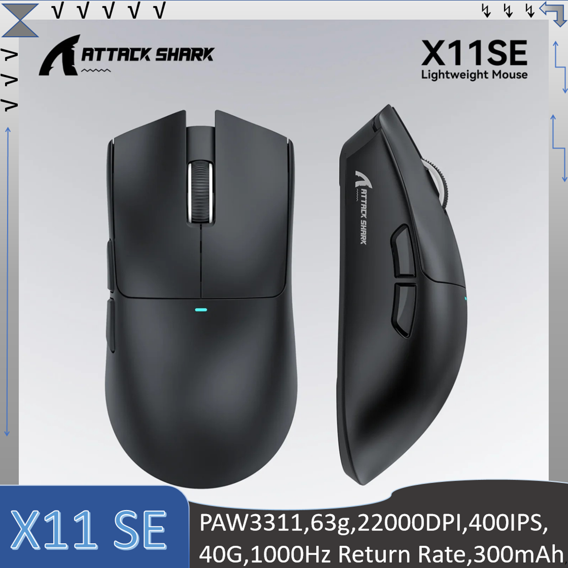 Mouse Gamer Leve Tri-Modo ATTACK SHARK X11 SE, Vida útil de 20 milhões de ciclos HUANO, 63g, 22000DPI, 400IPS, 40G,