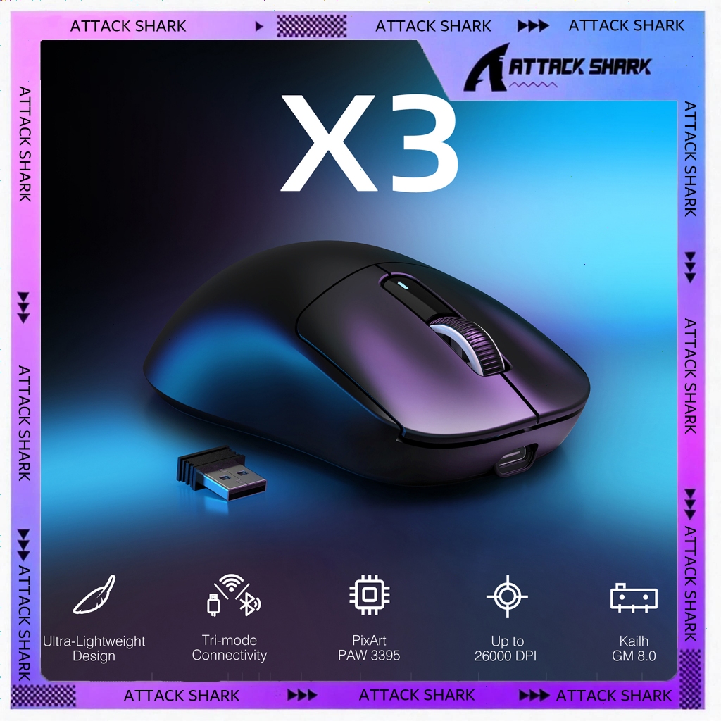 ATTACK SHARK X3 Wireless Gaming Mouse, Tri-Mode PAW3395 26K DPI, 200h Battery Life-White/Black+Tape