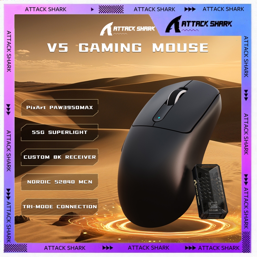 ATTACK SHARK V5 Wireless Gaming Mouse with 42000 DPI,PAW3950 MAX Sensor,Nordic 52840 MCU,Tri-Mode