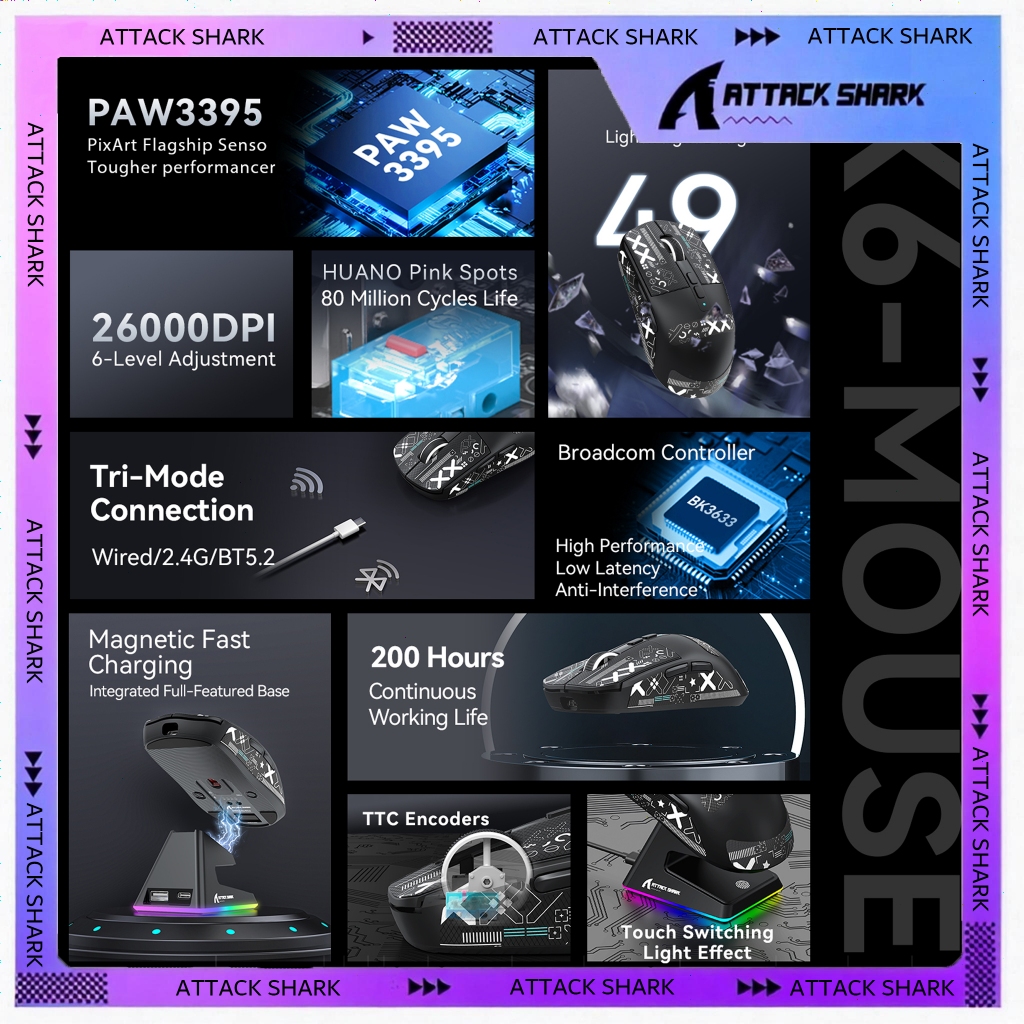 ATTACK SHARK X6 Lightweight Wireless Gaming Mouse with RGB Backlight Charging Base,Tri-Mode,PAW3395