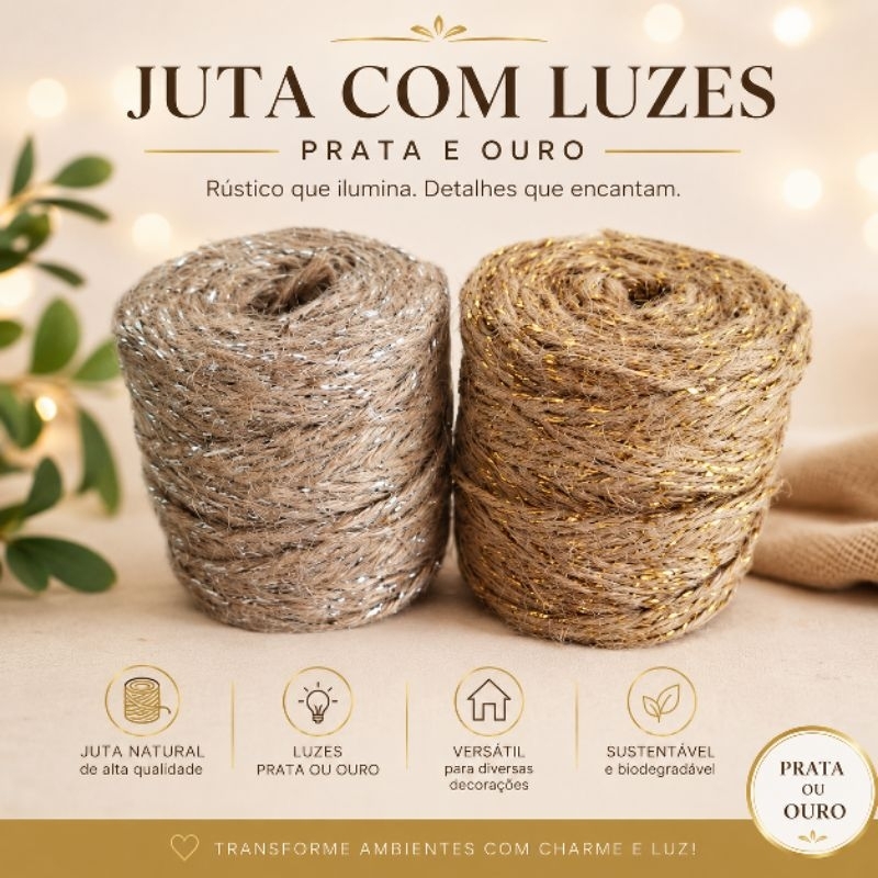 Corda de Juta com Brilho 77 Metros | Artesanato, Decoração e Embalagens Criativas