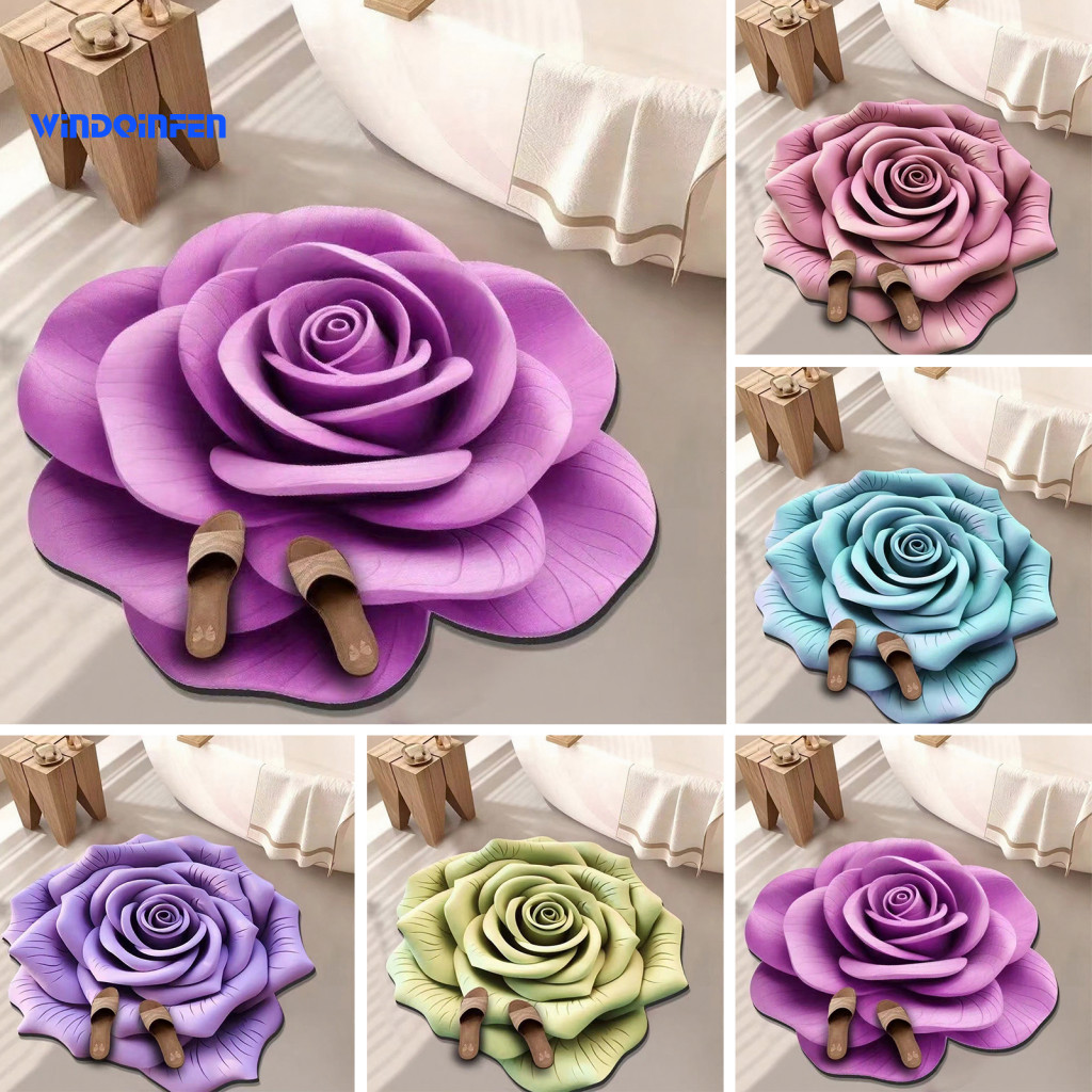 Quick Drying Bath Mat Non Slip Bathroom Rug 3d Rose Floral Non-slip Absorbent Floor Decorative Carpet for Bedroom Room E
