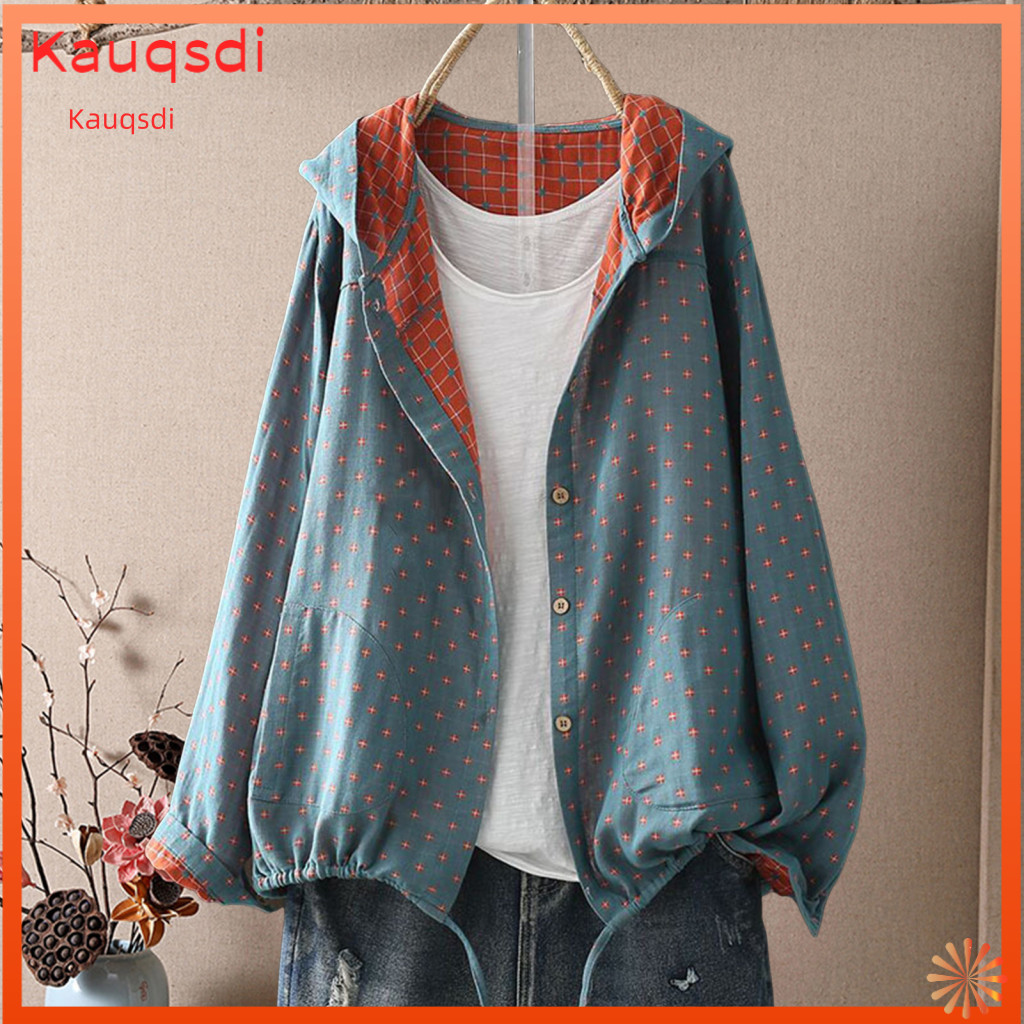 Spring Coat Women Cotton Jacket Women’s Autumn Hooded with Drawstring Hem Long Sleeve Loose Fit Printed Zipper Closure