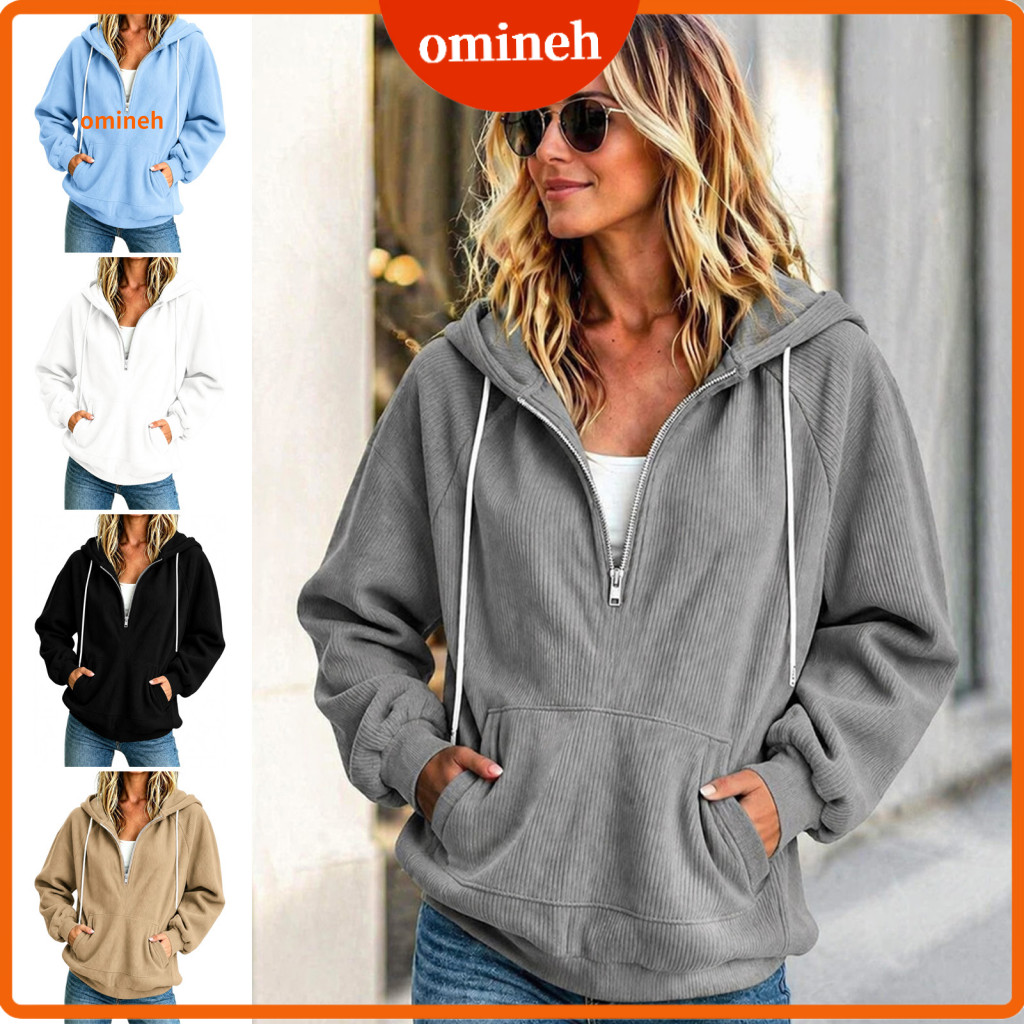 Half Zip Pullover Style Soft Texture Streetwear Women’s Oversized Quarter Hoodie Loose Fit Long Sleeve Sweatshirt with