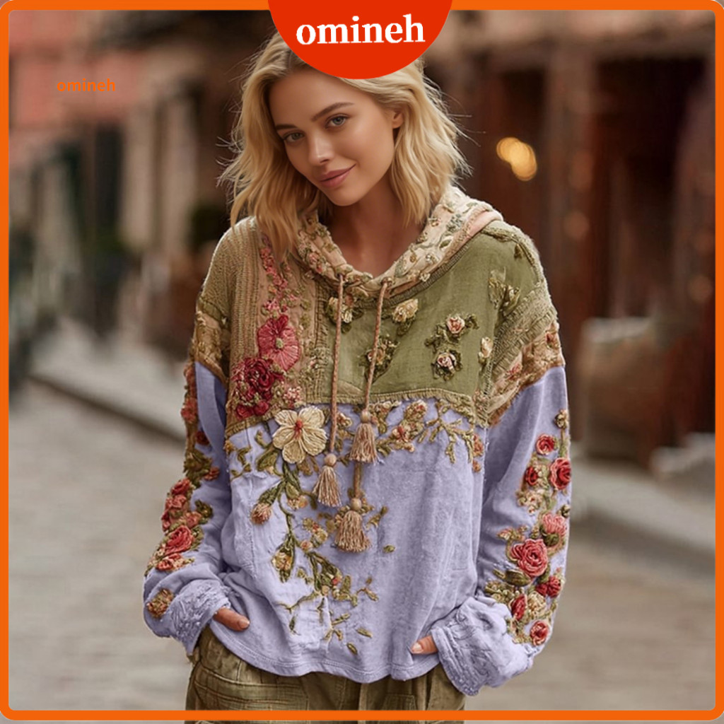 Artistic Print Hoodie Soft Skin-friendly Sweatshirt Women’s Floral Patchwork Oversized Vintage Pullover Long Sleeve Fa