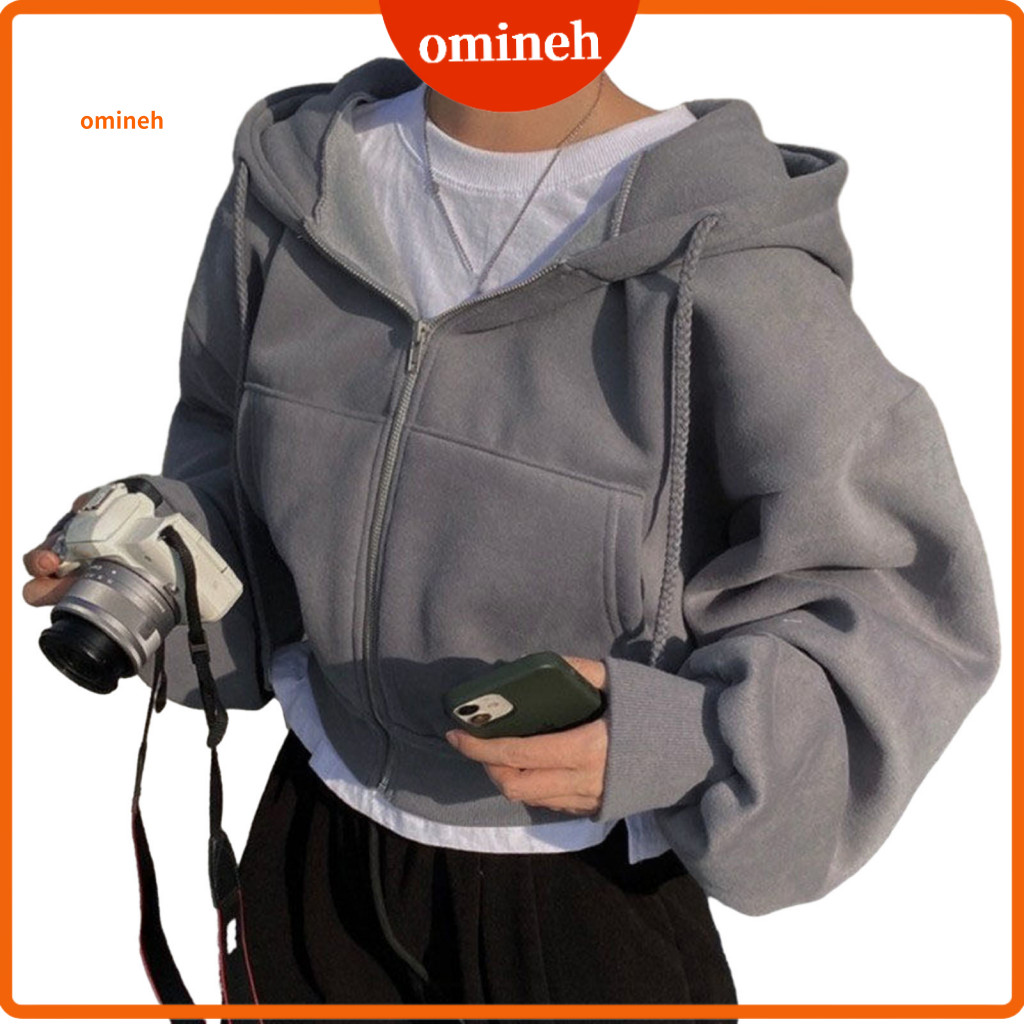 Women Polyester Hoodie Hooded Drawstring Women’s Cropped Zip-up with Long Sleeve Crop Sweatshirt Jacket Pockets – fo