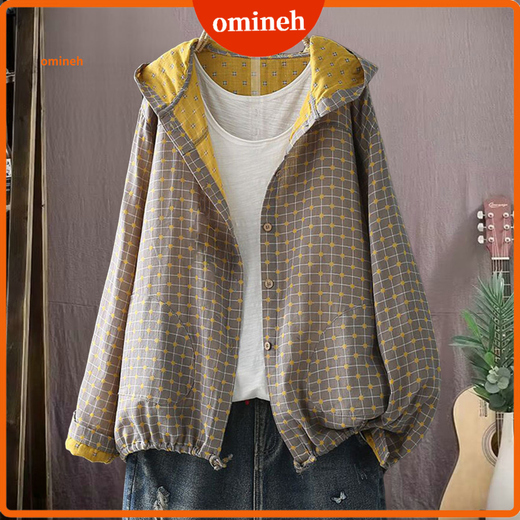 Side Pocket Jacket Women Cotton Women’s Spring Autumn Hooded with Drawstring Hem Long Sleeve Loose Fit Coat Printed Zi