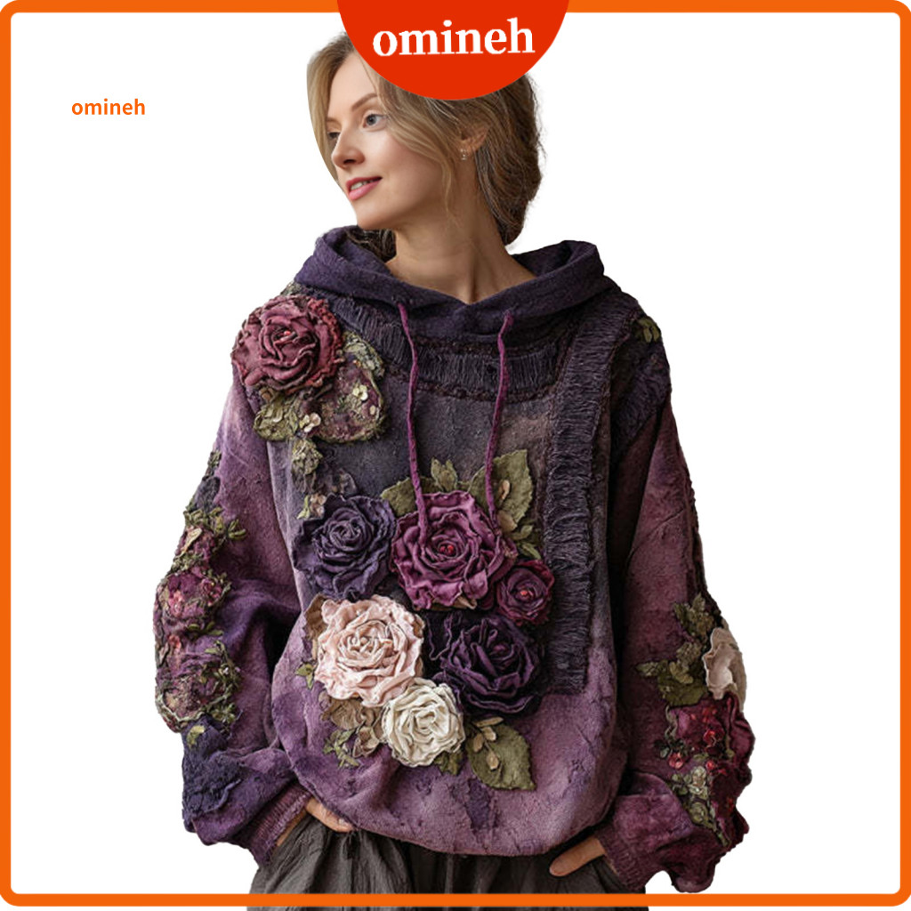 Loose Fit Hoodie Soft Texture Women’s Vintage Bohemian Floral Long Sleeve Oversized Pullover with Pocket Boho Flower P