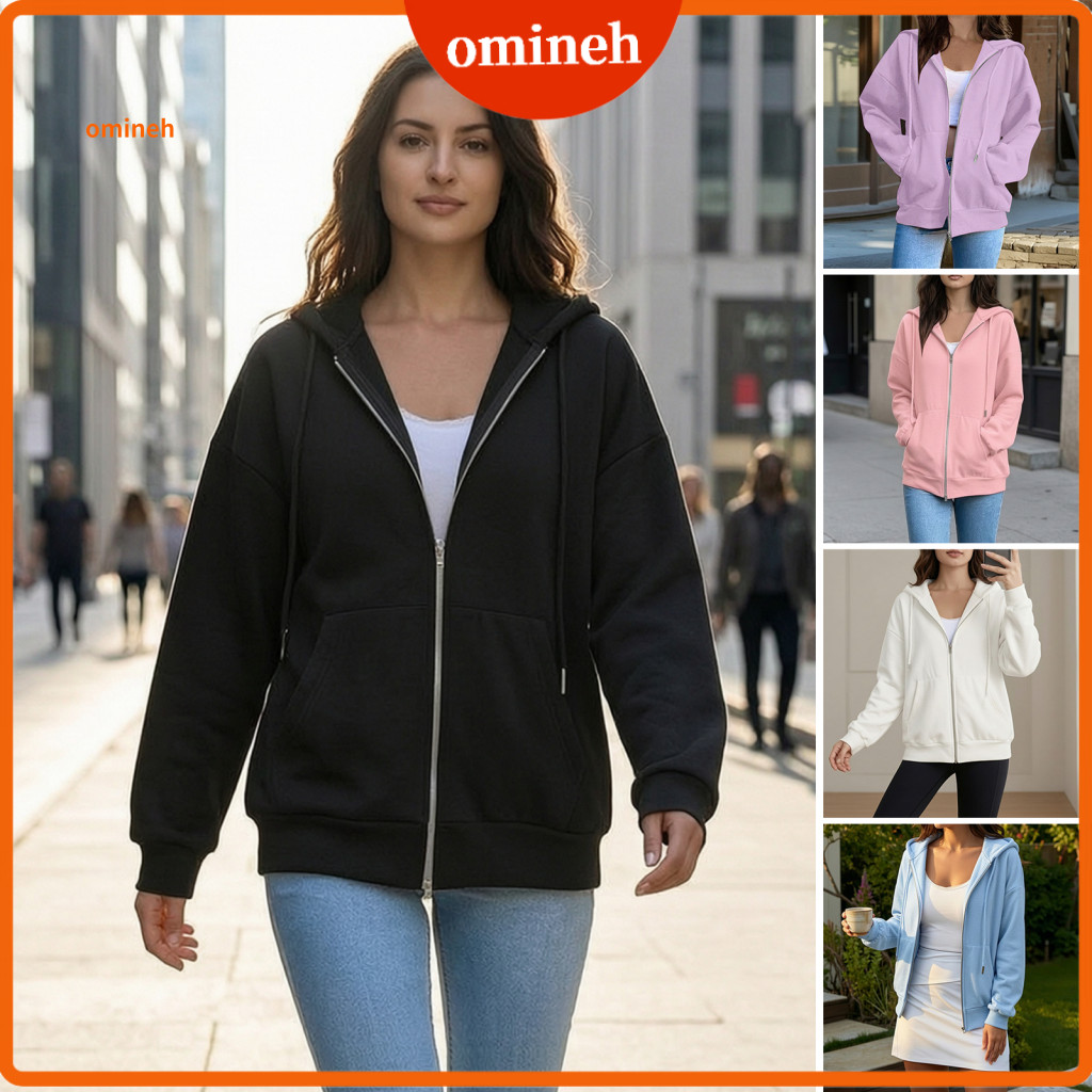Hooded Coat Long Sleeve Sweatshirt Women’s Zip-up Hoodie with Pockets Drawstring Warm Fall Winter Solid Color Jacket f