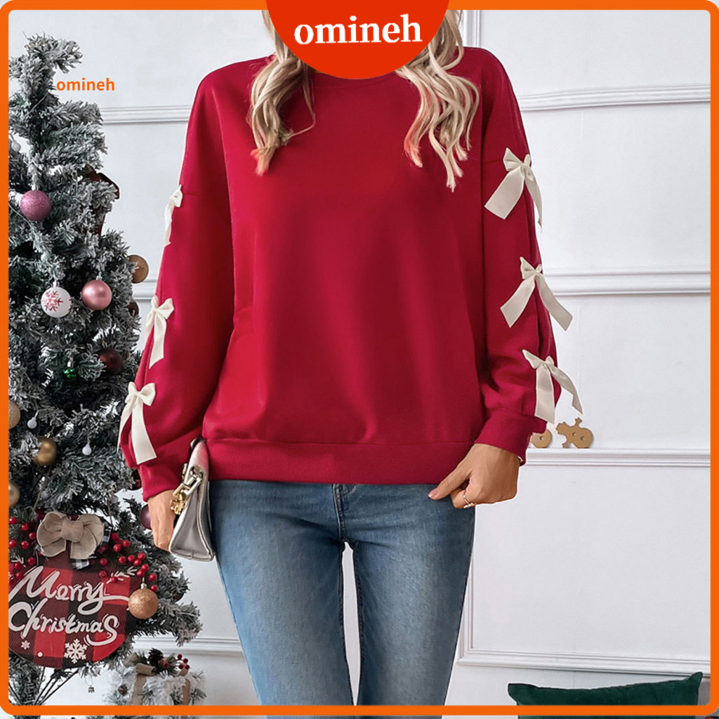 Women Sweatshirt Fall Sweater Women’s Christmas Crew Neck Long Sleeve Loose Pullover Top with Bow – Festive Holiday