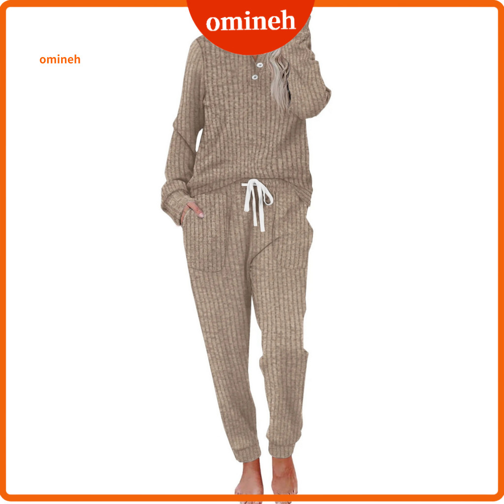 Women Two-piece Suit Spring Autumn Wear Women’s Ribbed Knit 2-piece Pajama Set – Long Sleeve Sweatshirt Joggers Cozy