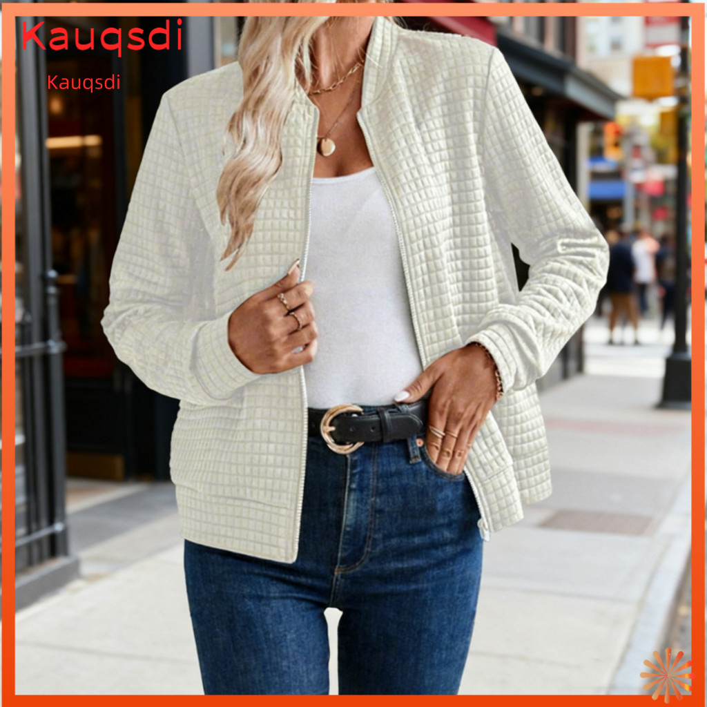 Season Jacket Women Lightweight Coat Women’s Full Zip Long Sleeve Stand Collar Waffle Knit Slim Fit Sweatshirt Fall Ou