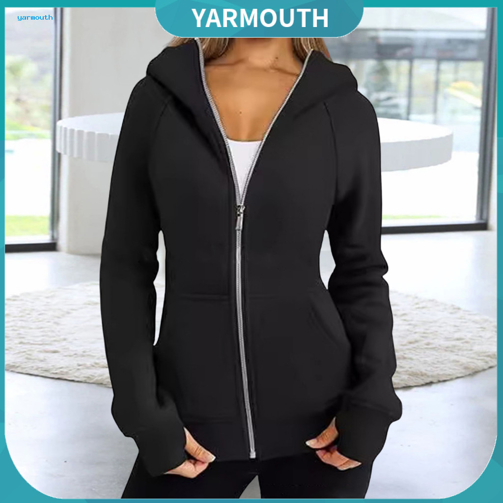 Women Hoodie Jacket Solid Color with Hood Women’s Plush-lined Zipper Elastic Cuffs Hem Pockets – Warm Long Sleeve Ca