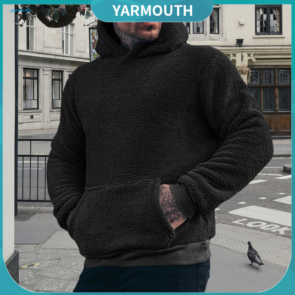 Men Solid Color Hoodie Casual Men's Fall Winter with Pocket Thick Fleece Pullover Long Sleeve Warm Sweatshirt for Daily