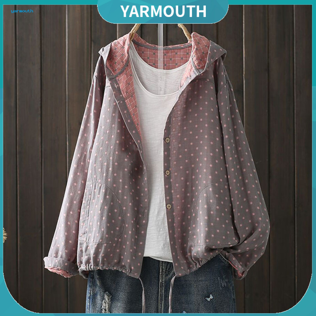 Women Cotton Jacket Spring Coat Women’s Autumn Hooded with Drawstring Hem Long Sleeve Loose Fit Printed Zipper Closure