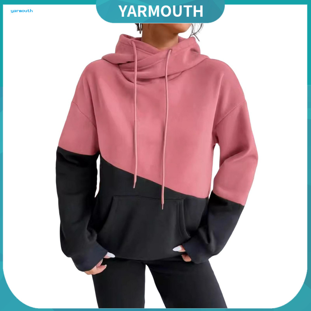 Women Hoodie Spring Lady Fall Winter Colorblock Drawstring Hooded Sweatshirt Long Sleeve Elastic Cuffs Hem Big Pocket Th