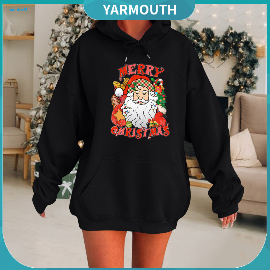 Women Oversized Hoodie Hooded Pullover Women’s Christmas Santa Cartoon Print Loose Fit Thick Long Sleeve Sweatshirt wi