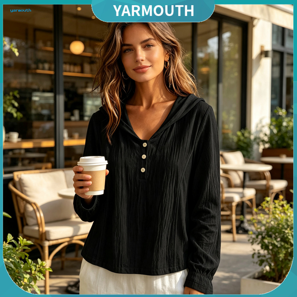 V Neck Hooded Shirt Women Fall Women’s Button V-neck Pleated Long Sleeve Pullover Top Loose Fit Solid Color Blouse for