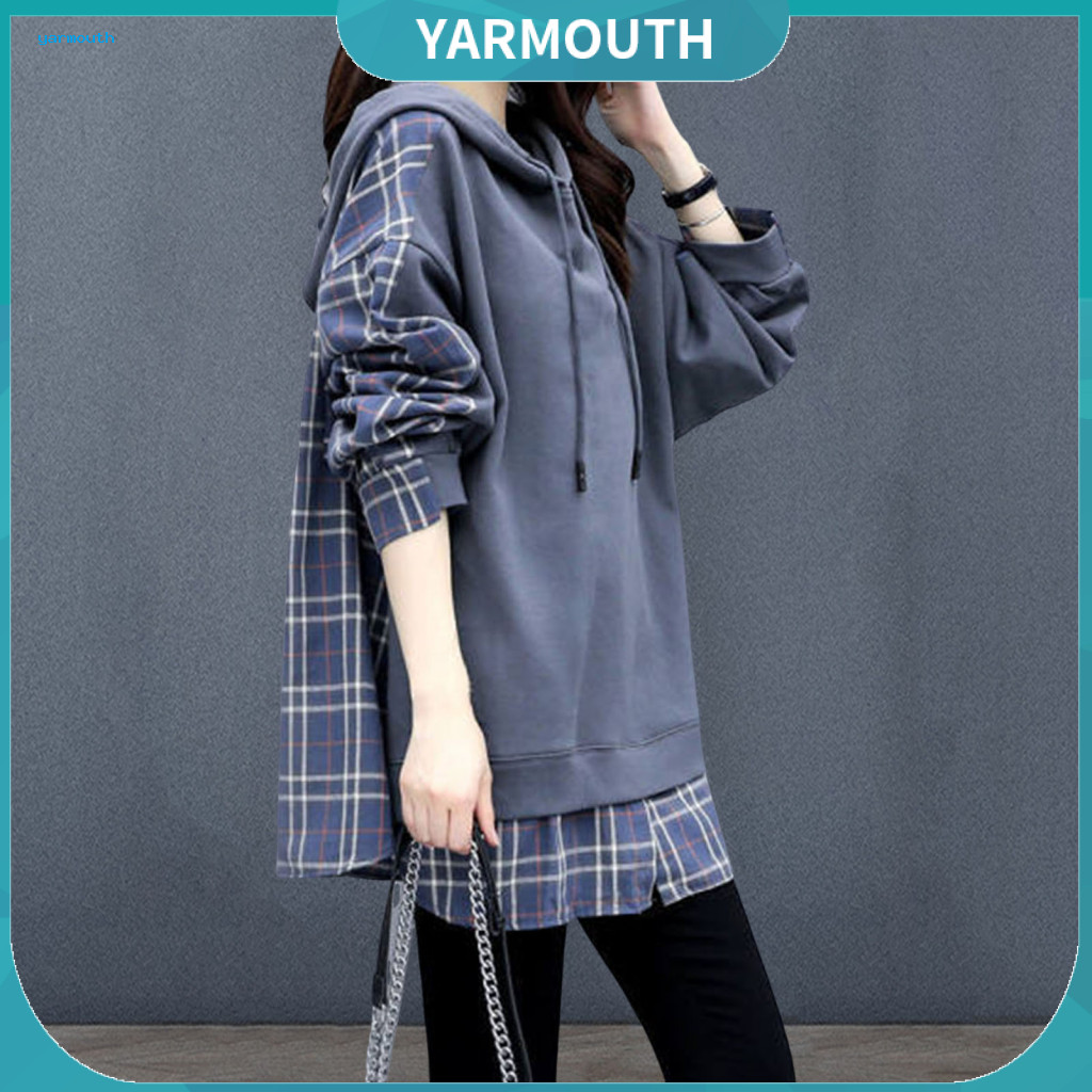 Women Spring Hoodie Pullover with Drawstring Fall Women’s Plaid Fake Two-piece Mid-length Long Sleeves Sport Top for W