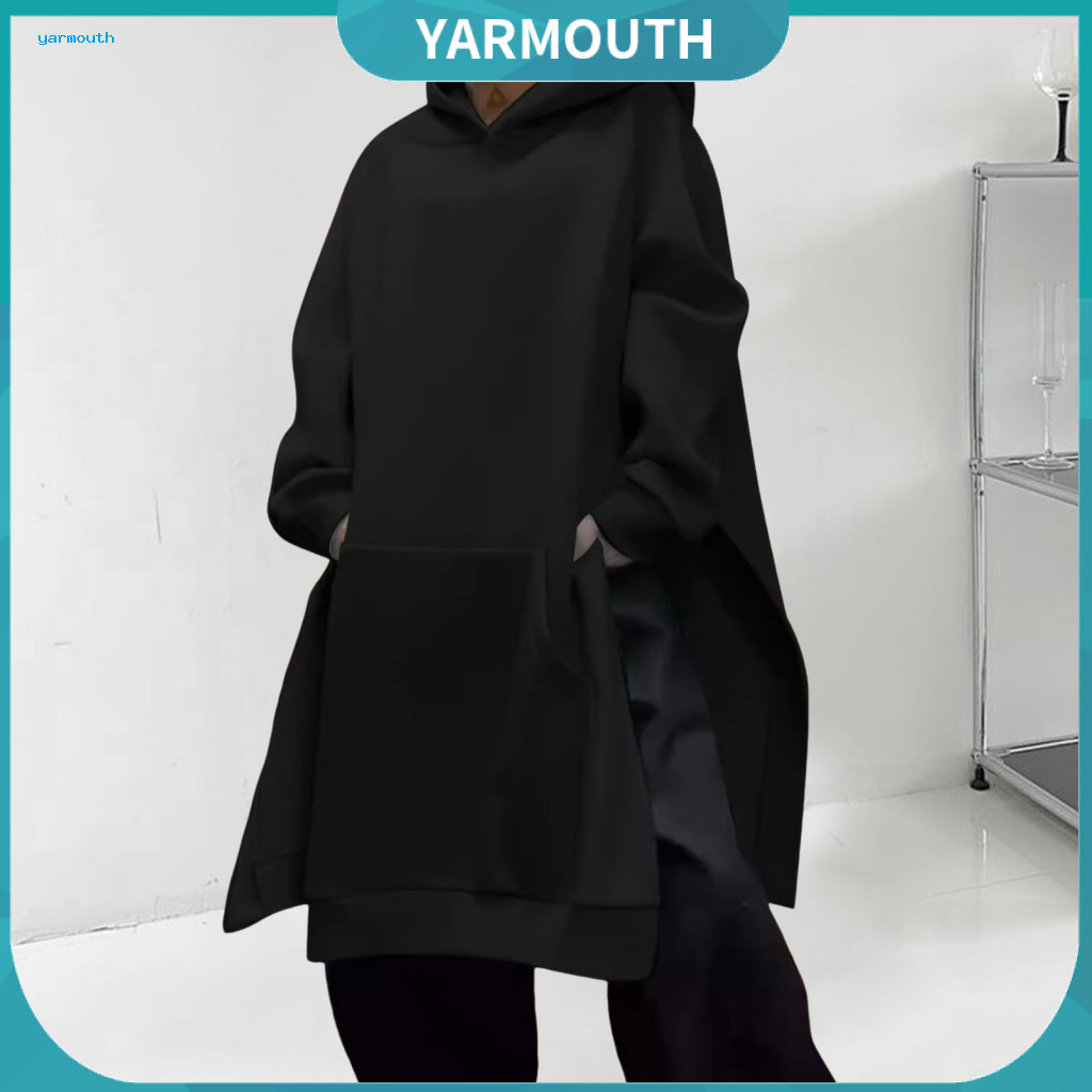 Women Hoodie Long Women’s Fall Winter Mid-length Loose Pullover with Slit Hem Thick Warm Sleeves Big Pocket Casual Wea