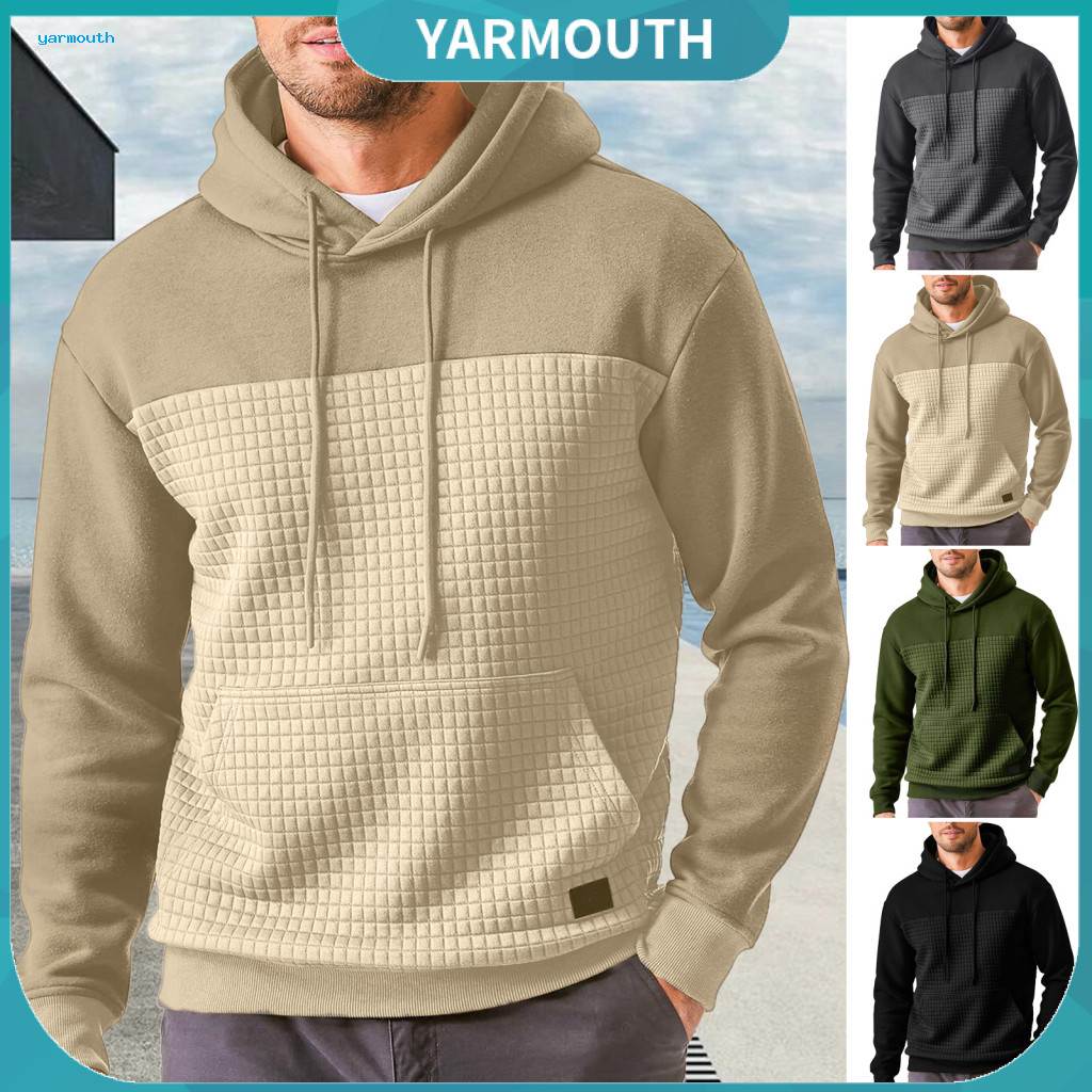 Warm Men Hoodie Casual Men's Fall Winter Waffle Texture Long Sleeve Hooded Sweatshirt Contrast Color Drawstring Loose Fi