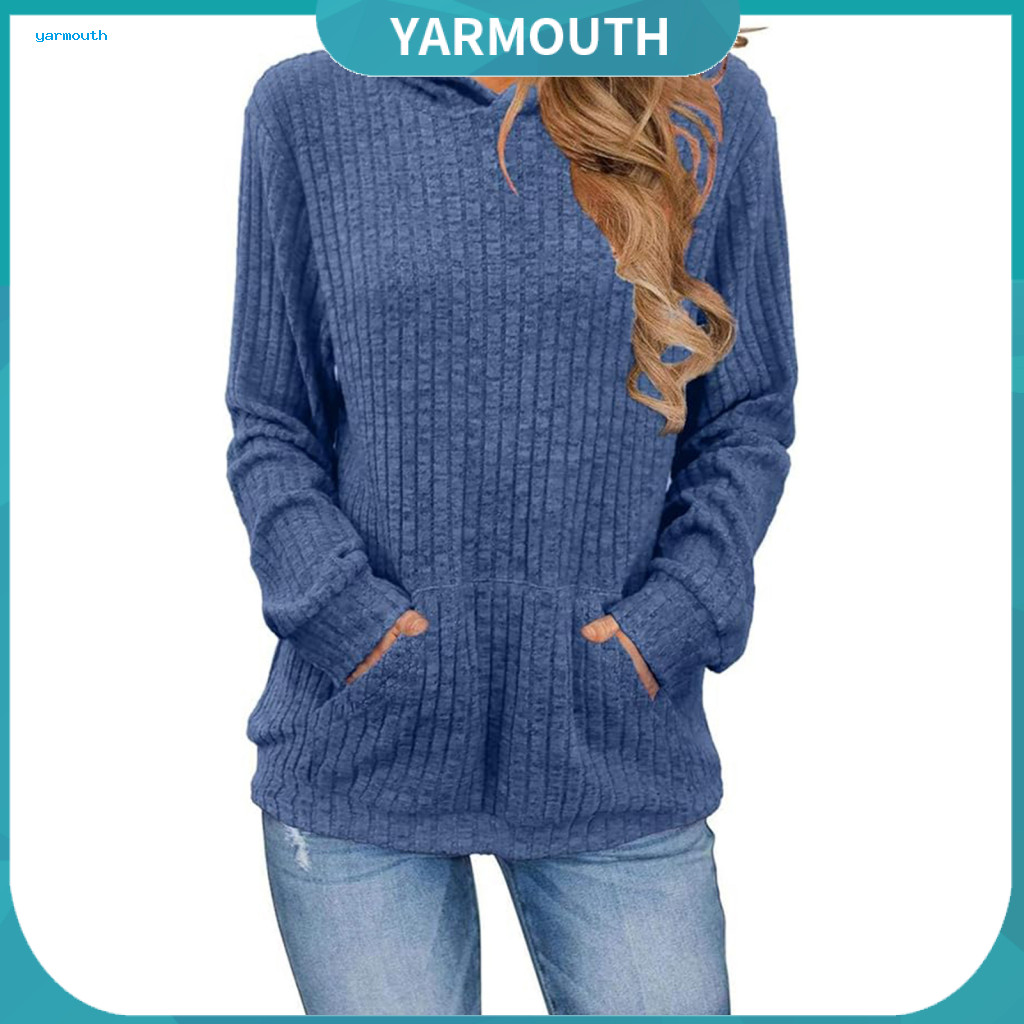 Women Hooded Sweater Soft Breathable Women’s Knit Pullover Long Sleeve Loose Fit Ribbed Top with Pockets Autumn Solid