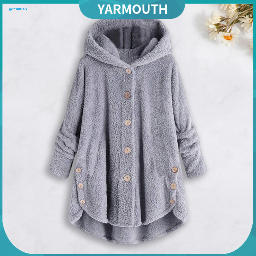 Women Winter Coat Plush Women’s Hooded Mid-length with Pockets Single-breasted Jacket Loose Fit Long Sleeve Side Butto